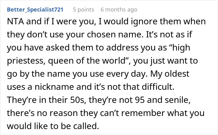 Reddit comment discussing the importance of respecting chosen names, emphasizing it's not difficult to use them.