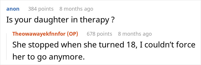 Reddit comments discussing an anxious daughter's therapy amidst a road trip situation.