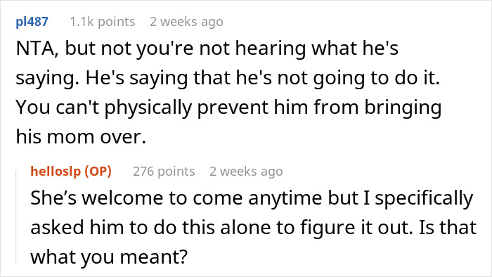 Comments discussing a husband's reluctance to care for their infant son, with emphasis on doing it independently.