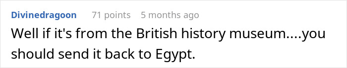 Comment discussing a British museum artifact taken to Egypt.