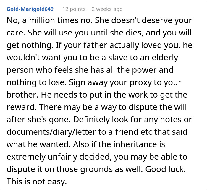 Reddit comment discussing inheritance advice regarding unequal distribution between siblings.