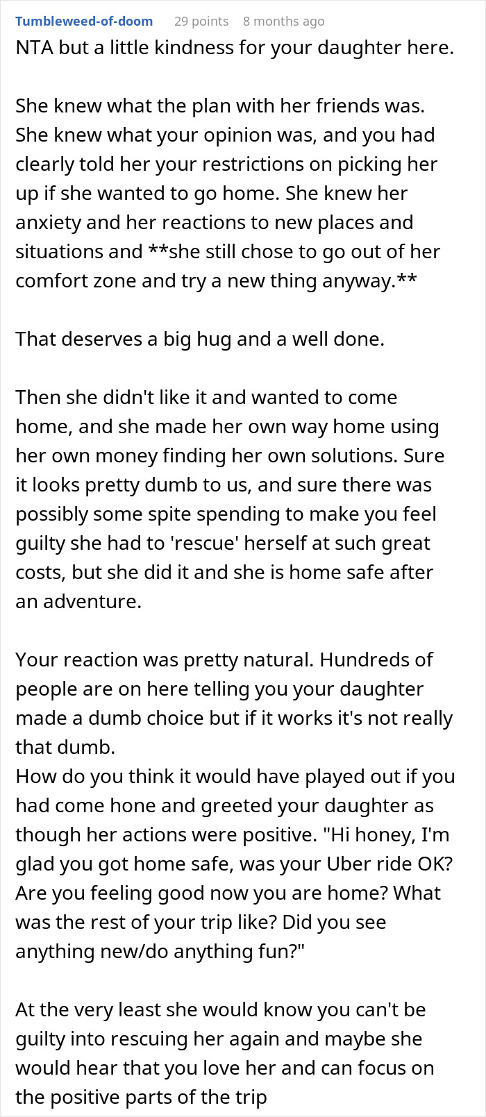 Online comment discussing a parent's decision not to pick up an anxious daughter from a road trip.