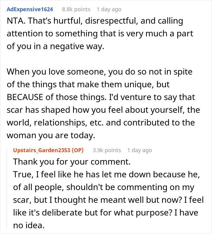 Reddit conversation about a groom's comment on a fiancée's scar before the wedding.