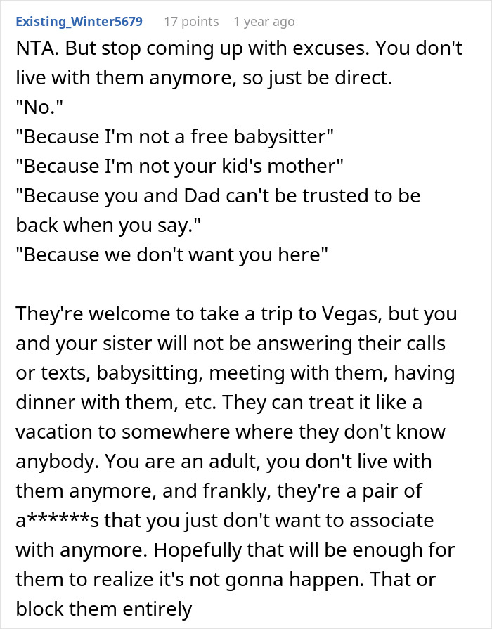 Text exchange discussing reasons a woman refuses to babysit for her parents.