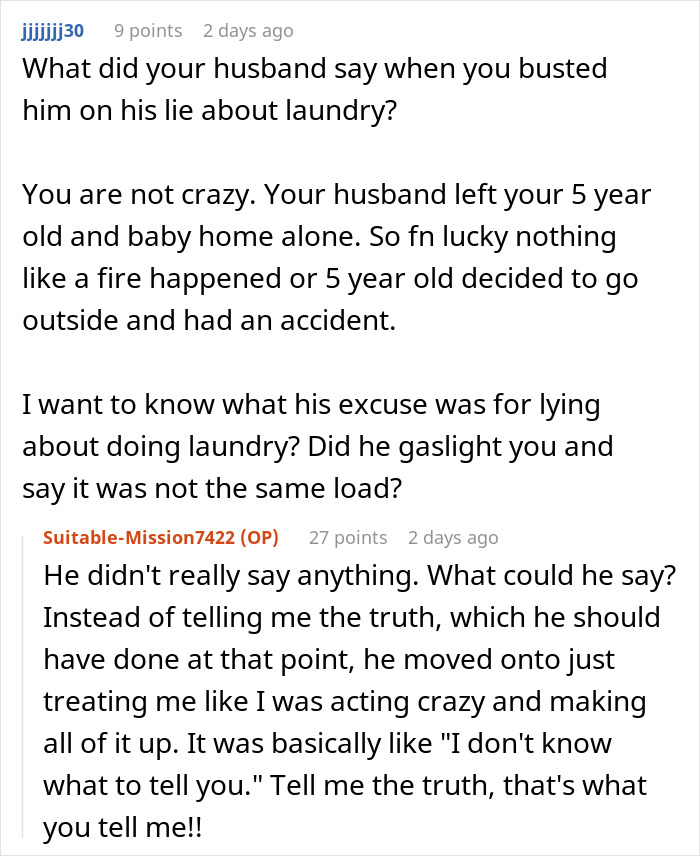 Reddit conversation about husband denying accusations of leaving children alone and lying to his wife.