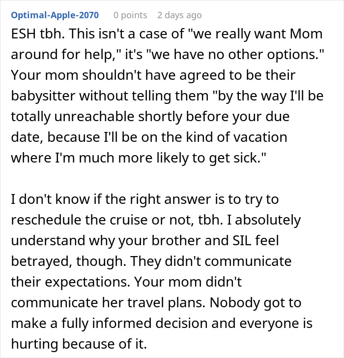 Reddit comment discussing a mom&rsquo;s decision to not cancel a cruise despite potential early birth.