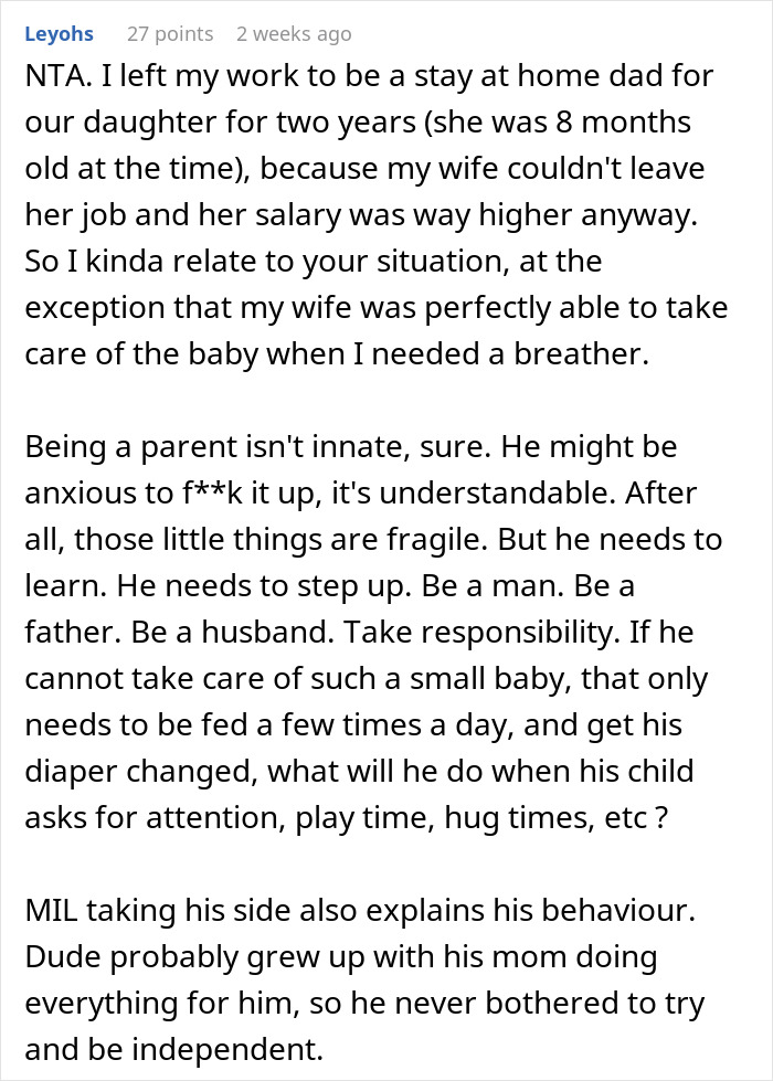 Text discussion about parenting roles, mentioning a husband not taking responsibility for an infant son.