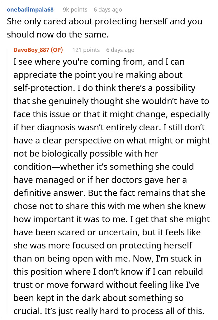 Reddit comment on wife's secret about being unable to have kids, discussing trust issues and feelings of betrayal.