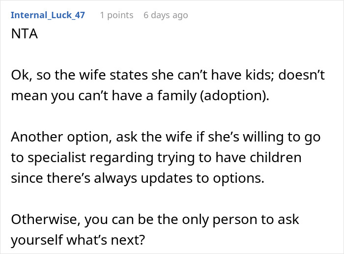 Comment discussing options after learning a wife can't have kids, highlighting adoption and seeking specialist advice.