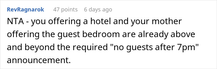 Reddit comment about a mother-in-law being offered a hotel or guest room after a "no guests after 7pm" rule.