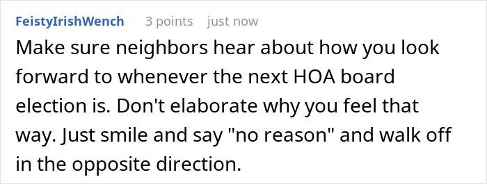 Text screenshot featuring HOA chair&rsquo;s wife parking situation discussion.