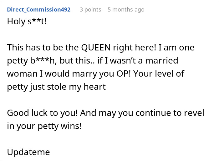 Reddit comment praising a woman's cunning revenge on her cheating husband.