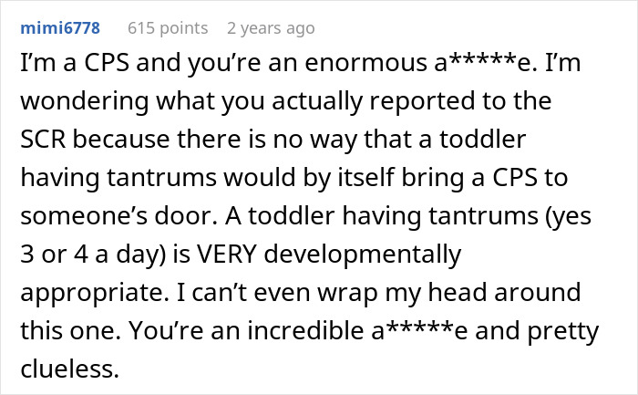 Text comment criticizing someone for calling CPS due to a toddler's tantrums.