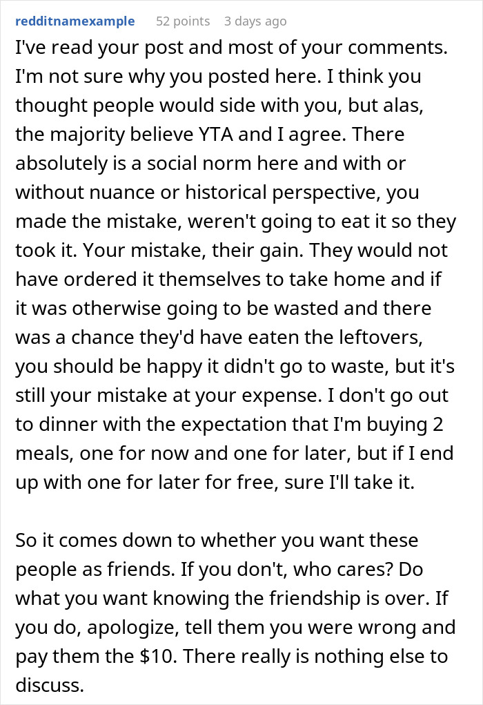 Reddit comment discussing a woman not paying for friends' takeout meals from a shared dinner.