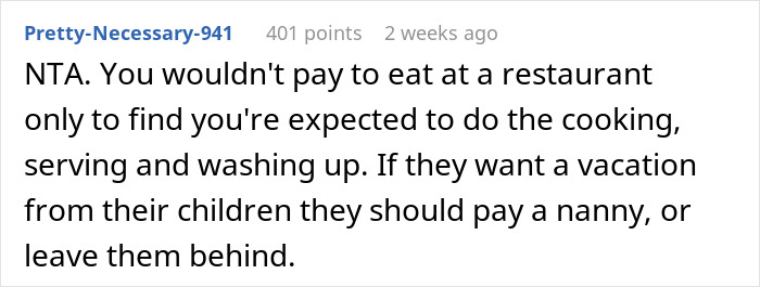 Reddit comment discussing a childfree woman's vacation dilemma and responsibilities.