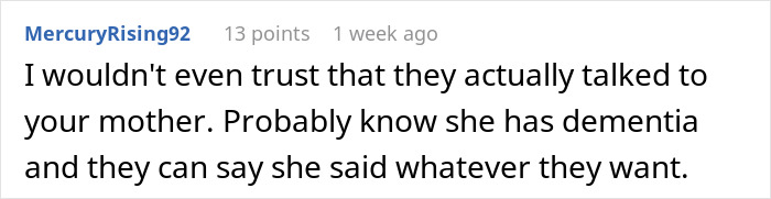 Comment discussing trust issues related to a mom with dementia and a couple using her driveway.