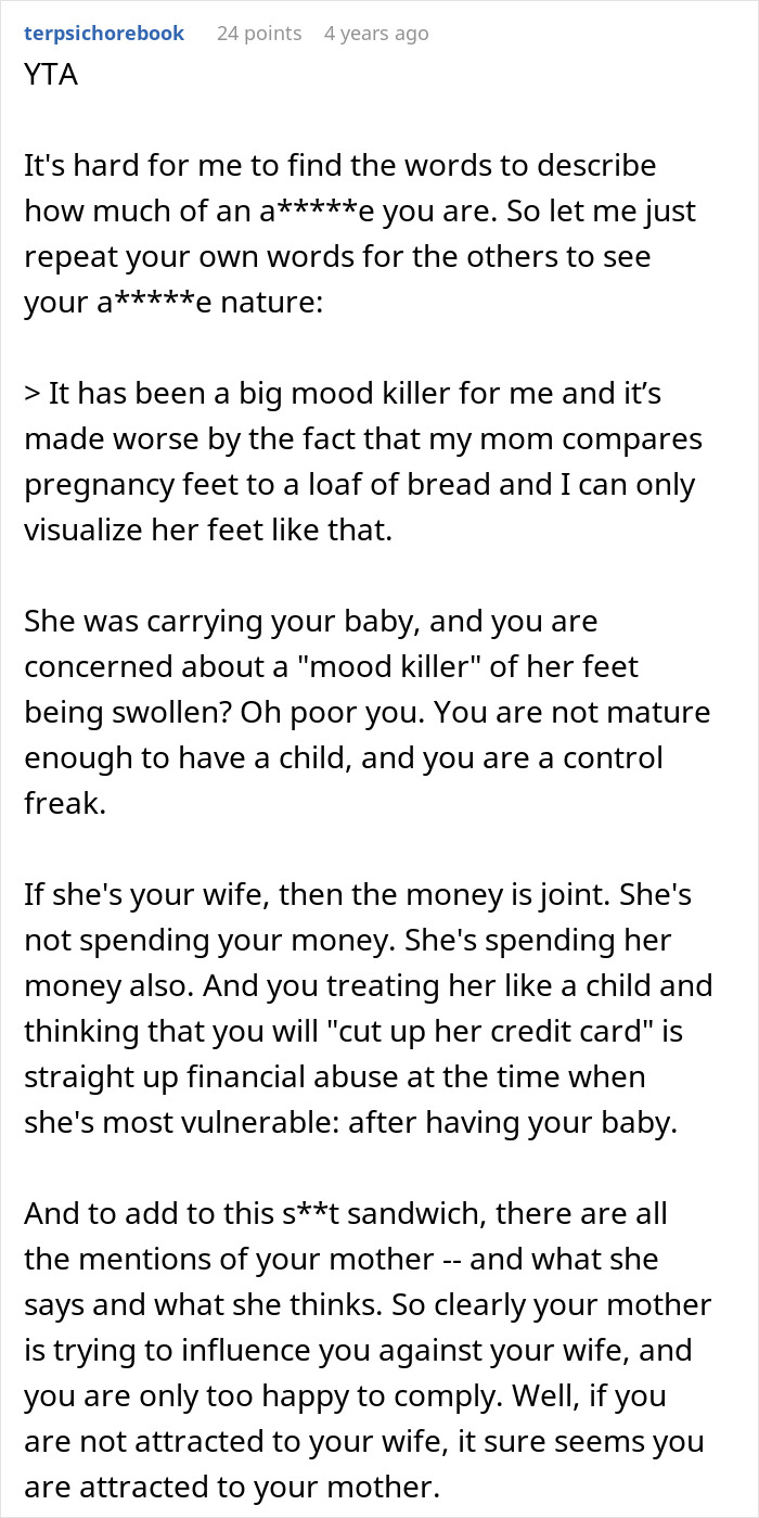 Reddit comment criticizing a husband\'s attitude toward his returning wife and her shoe issues.