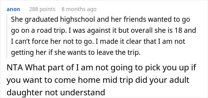 Parent refuses to pick up anxious daughter from road trip, insists on taking responsibility.