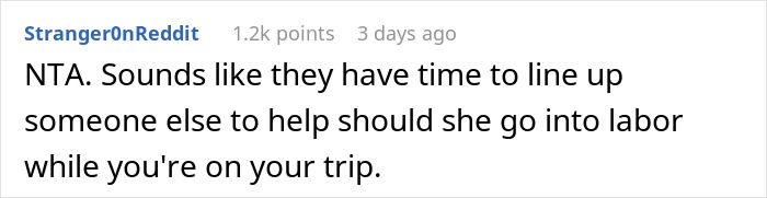 Reddit comment discussing mother refusing to cancel cruise if DIL gives birth early.