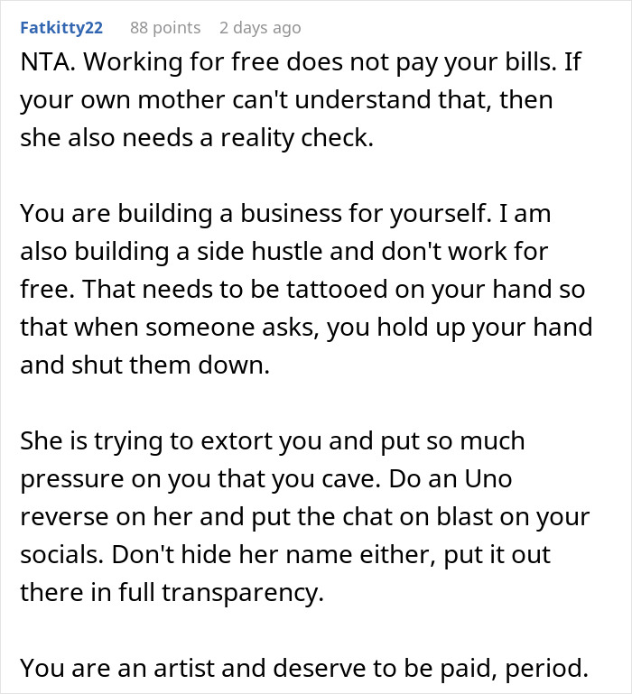 Reddit comment criticizing influencer's demand for free painting and money from artist.