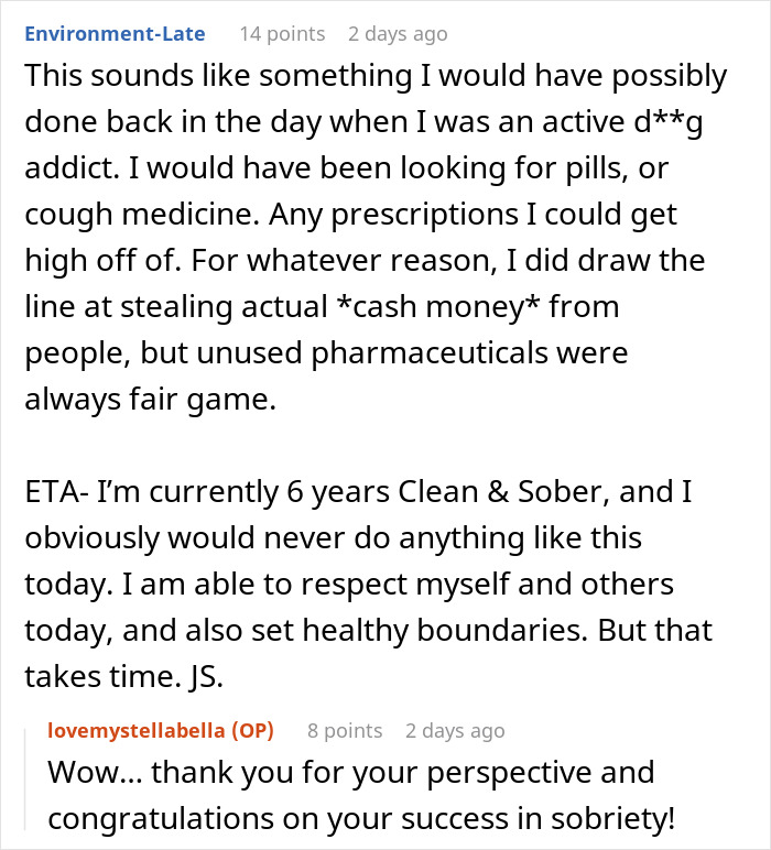 Discussion on recovery from addiction and setting boundaries in a comment exchange.