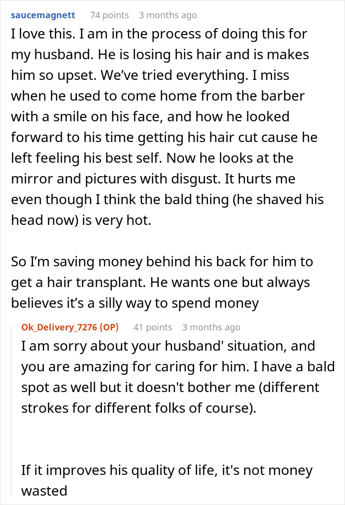 Reddit comments about a wife secretly saving for her husband's hair transplant, showing support and empathy.