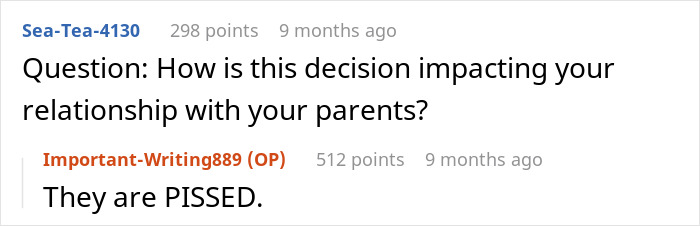 Reddit comment discussing the impact of eloping on a relationship with parents.