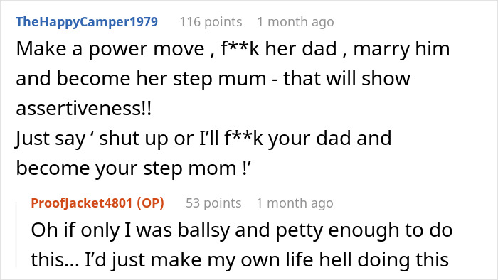 Reddit comments discussing a young woman’s reaction to her dad's girlfriend parenting her, featuring bold suggestions.