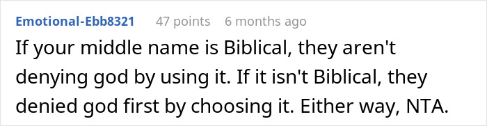 Reddit comment discussing Biblical names, questioning their religious significance with 47 points six months ago.