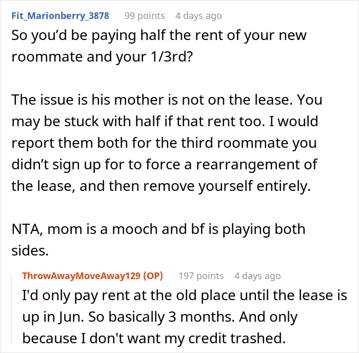 Reddit comments discussing issues with a difficult mother-in-law and a lease.