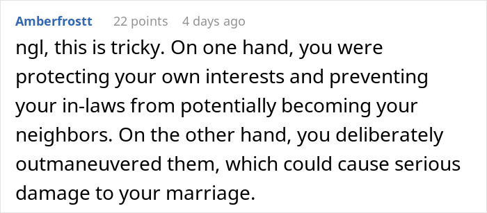 Comment discussing outbidding in-laws to avoid proximity, mentioning potential marital impact.