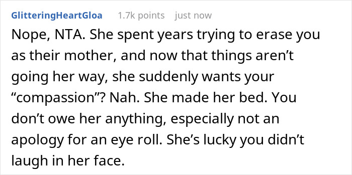 Comment addressing a stepmom's struggles to bond with kids and lack of sympathy from their mother.