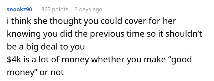 Comment discussing covering vacation costs, highlighting $4k financial burden.