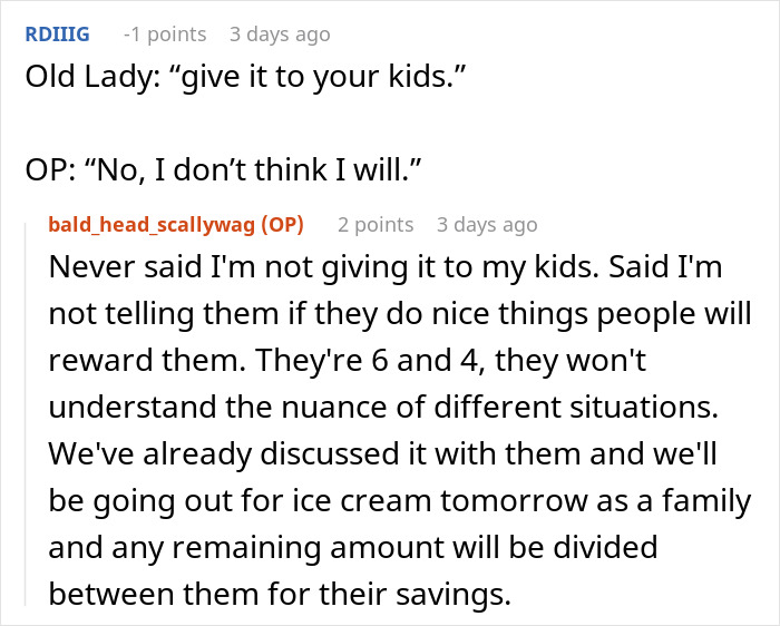 Reddit conversation about an elderly woman offering money to OP, discussing giving to kids.