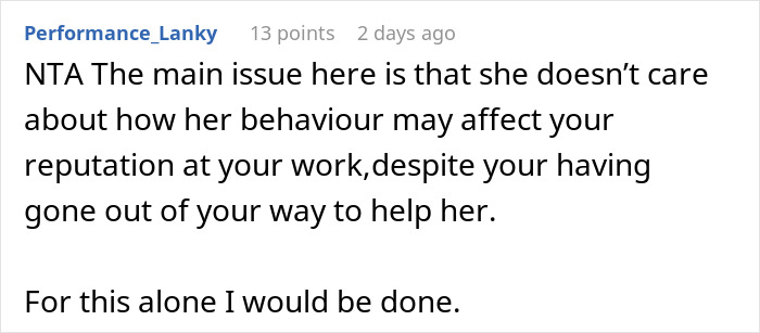 Comment about the main issue of a girlfriend's job and probation, mentioning behavior and reputation impact.