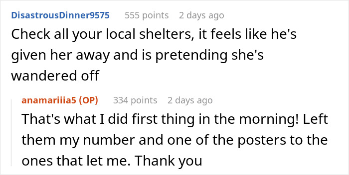 Reddit comments discussing a woman's lost dog and her efforts to find it at local shelters.