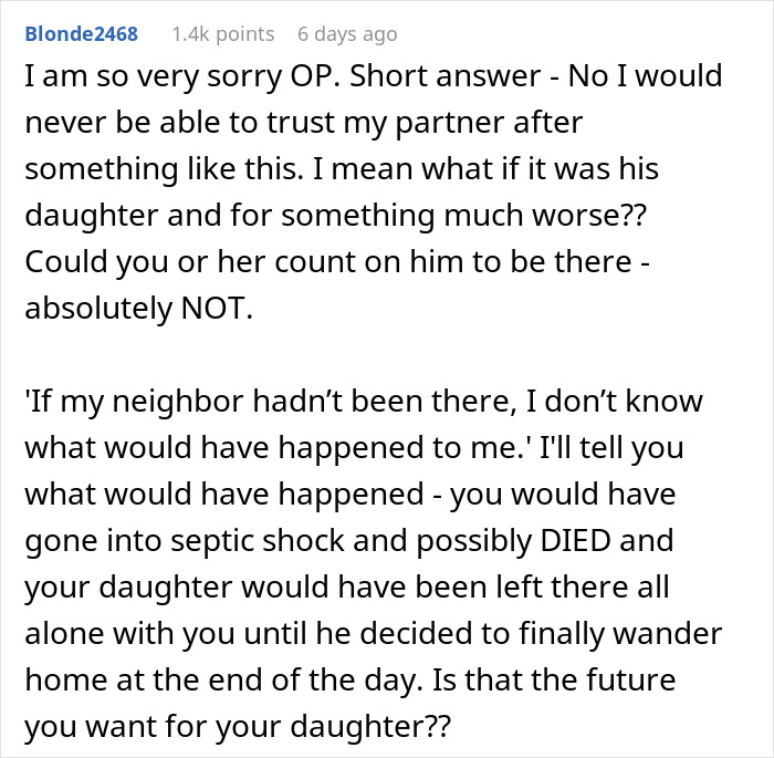 Text message criticizing husband&rsquo;s lack of urgency during wife&rsquo;s SOS call, questioning trust and future implications.