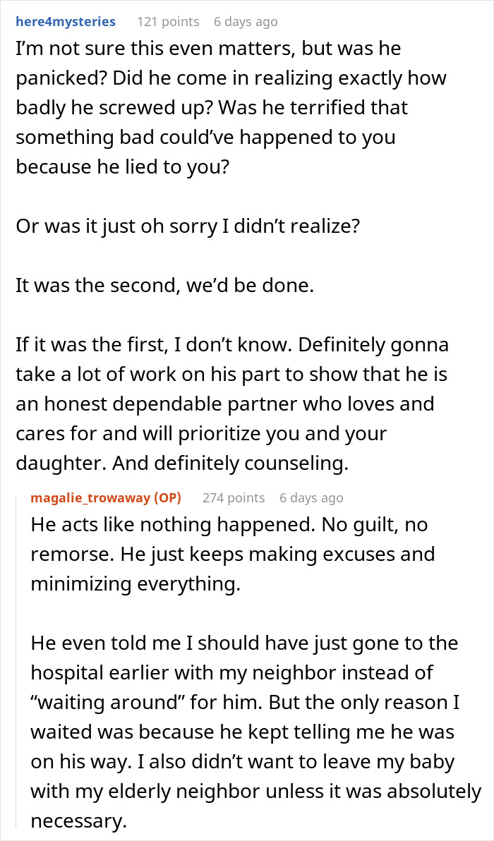 Reddit comment discussing a husband not rushing home after wife’s SOS call, impacting their marriage.