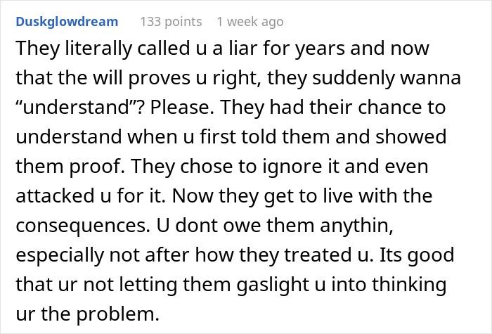 Text conversation discussing family and truth revealed in a will, showing reactions and emotions.