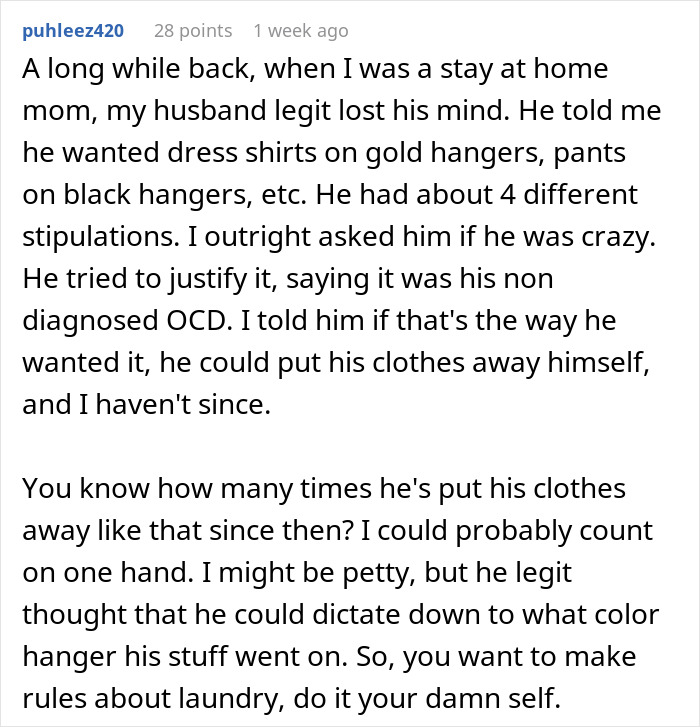 Text describing a wife frustrated with her husband's laundry demands post-surgery.