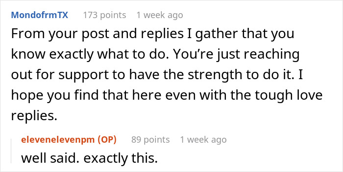 Reddit comment exchange about a husband giving his wife an ultimatum on her yoga teaching career.