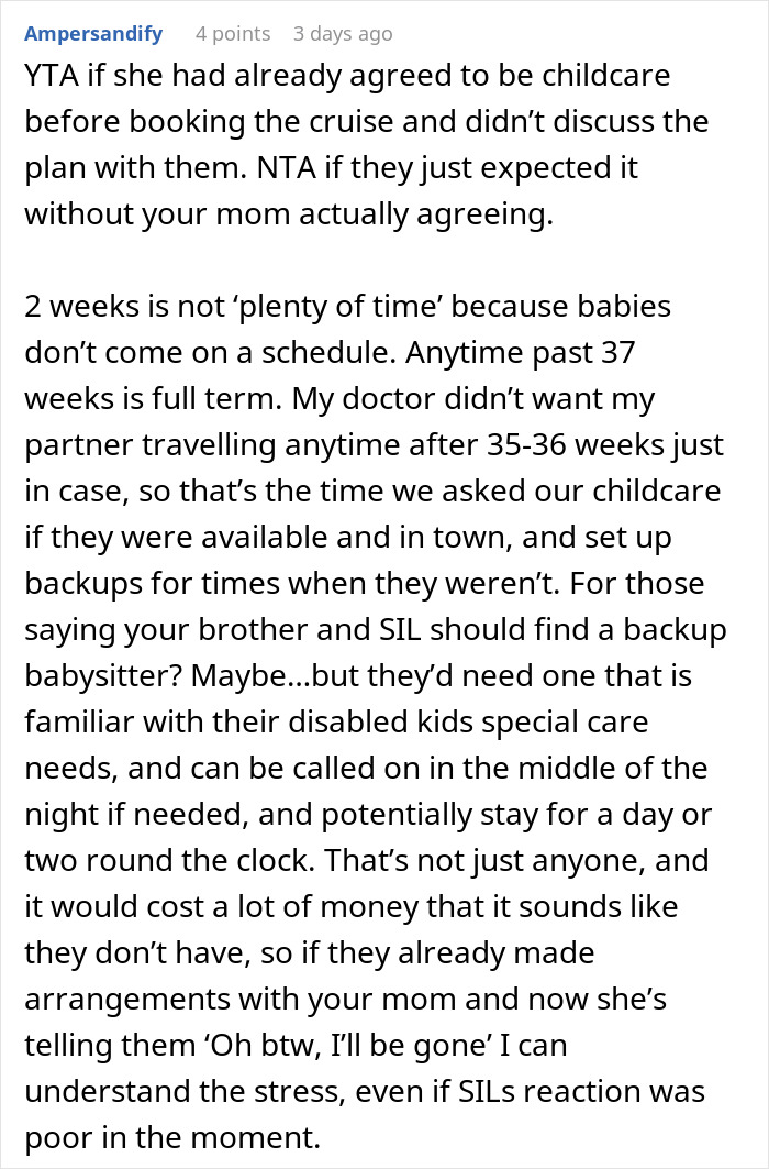 Text exchange about a mom refusing to cancel her cruise despite the potential early birth of her daughter-in-law.