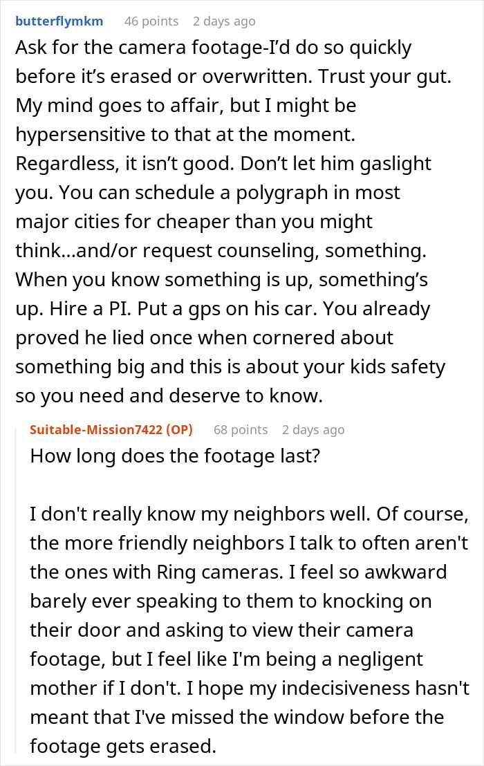 Reddit discussion about husband denying leaving small children home alone; advice on camera footage and polygraph.