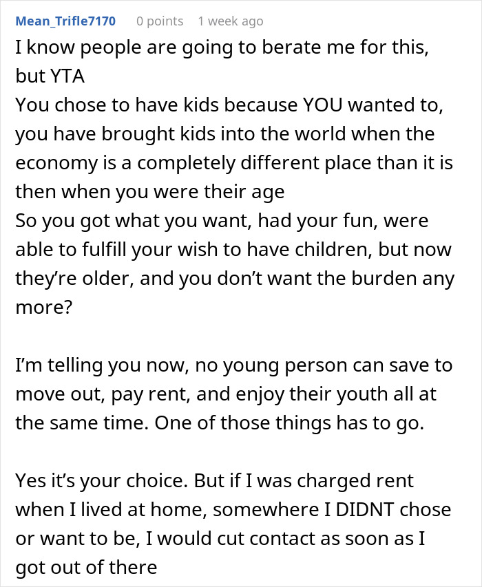 Text post discussing a mother's request for adult children to contribute to rent.