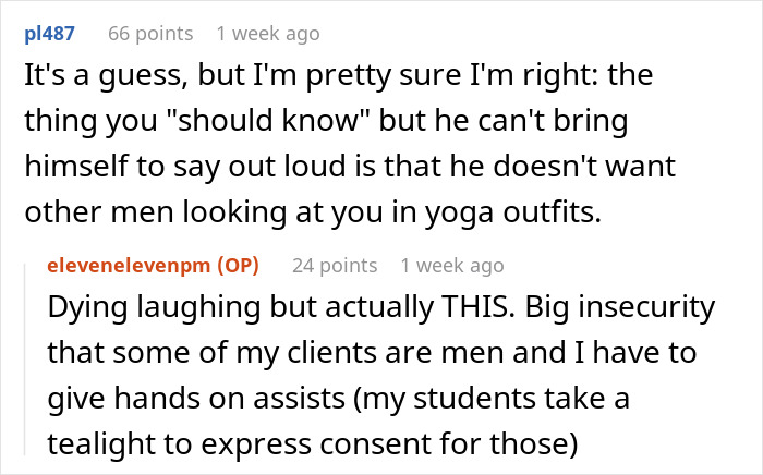 Text exchange discussing husband's insecurity over wife teaching yoga to men.