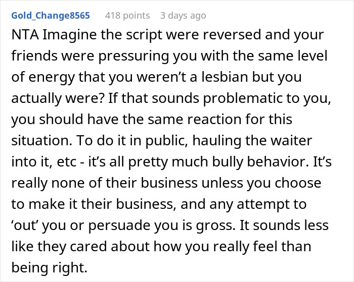 Reddit comment discussing assumptions about a woman's sexuality based on her appearance, calling out bullying behavior.