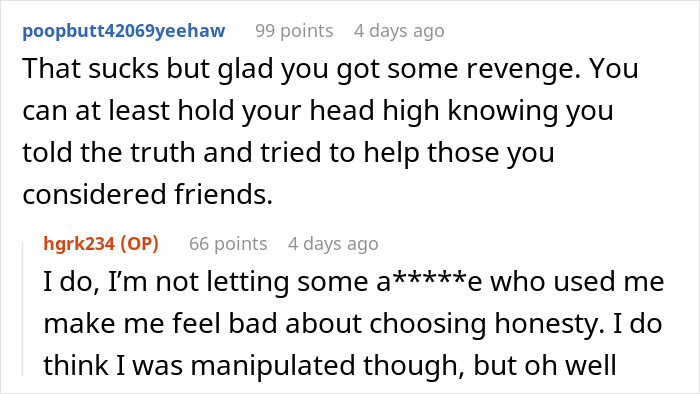 Reddit comments discussing being used by a friend and taking petty revenge.