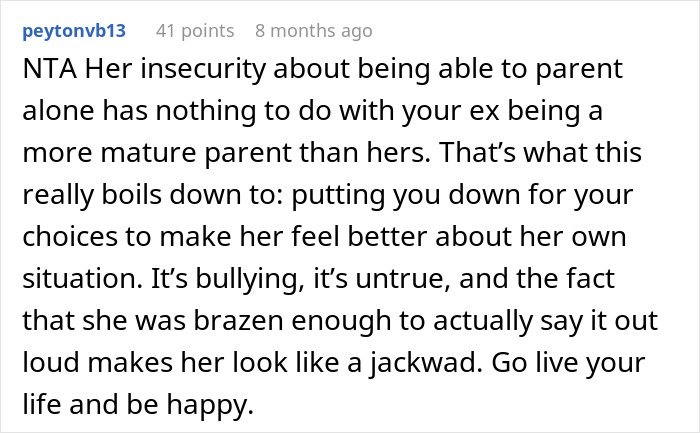 Text comment discussing insecurity and bullying related to parenting skills.