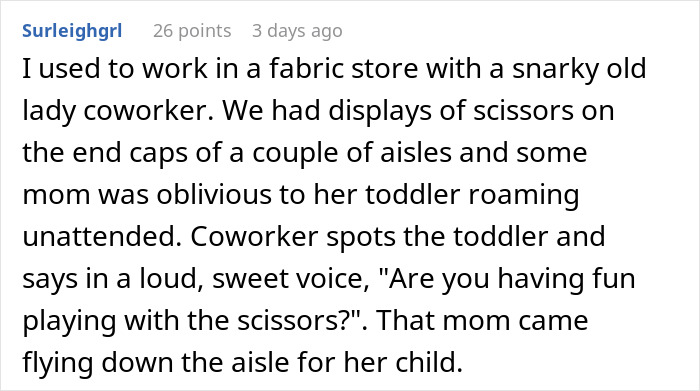 Text discussing a mom realizing the dangers for kids running around a fabric store due to scissors displays.