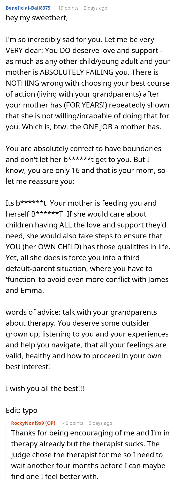 Reddit comment offering support to a teen neglected by mom in favor of stepchild. User suggests seeking therapy and setting boundaries.